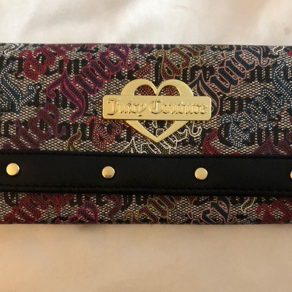 Juicy Couture Black Beige Multi Faux Leather Glam Elongated Flap Wallet NWT - Picture 5 of 13